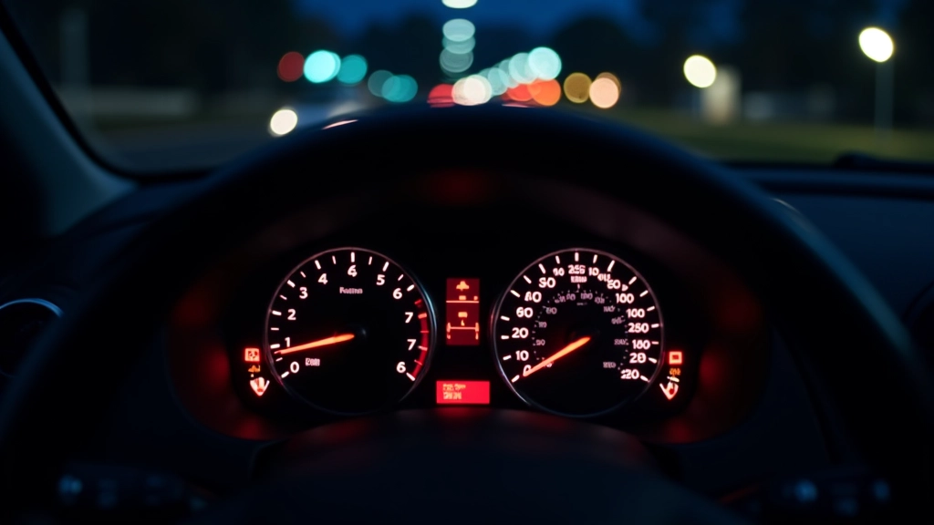Car dashboard at night with various warning lights glowing in different colors on instrument panel