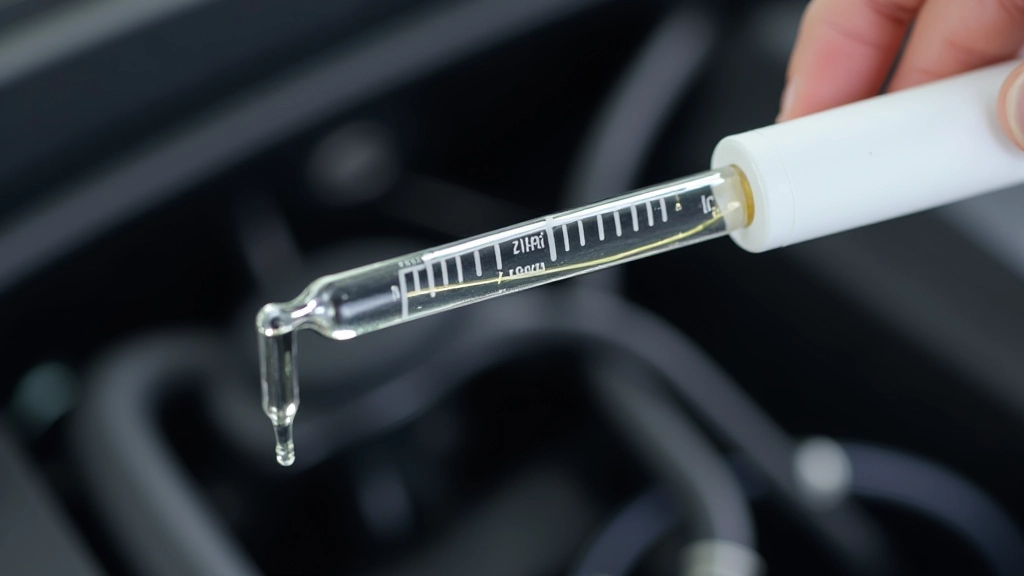 Close-up of an oil dipstick showing minimum and maximum level markings clearly marked