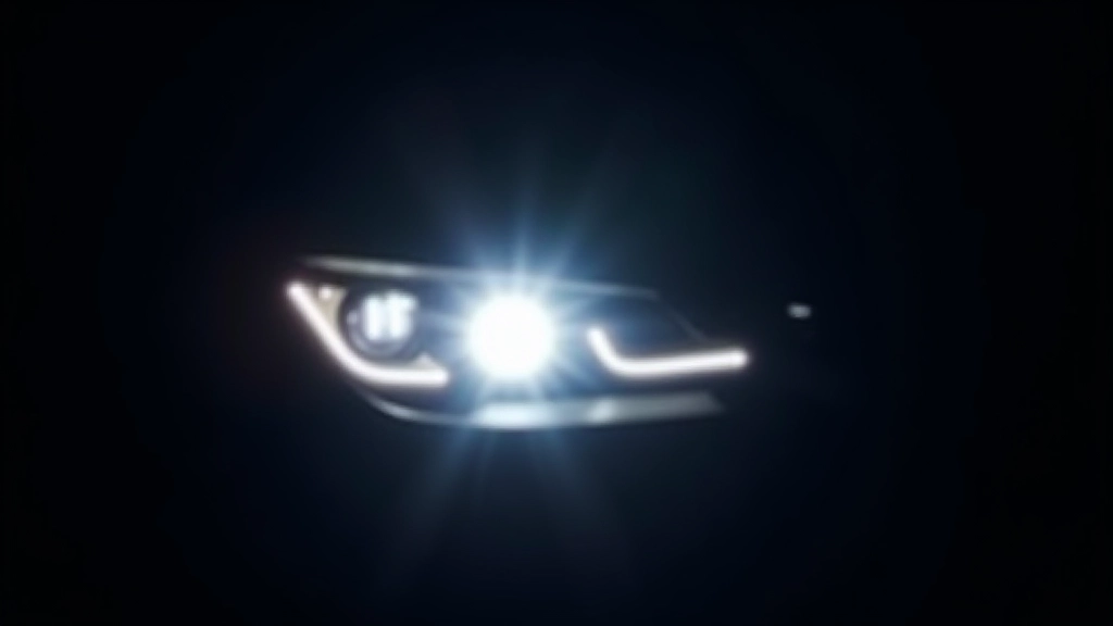 Close-up of car headlight being tested at night, showing bright white light beam