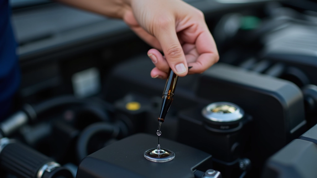 Engine oil dipstick being checked, showing oil level between minimum and maximum marks