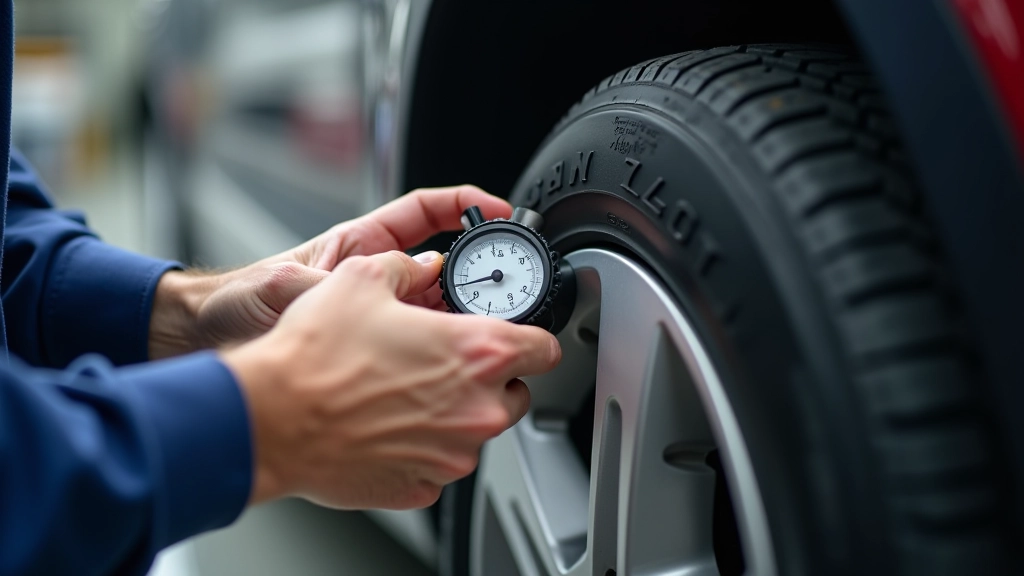Hand checking tyre tread depth with measurement gauge on vehicle wheel