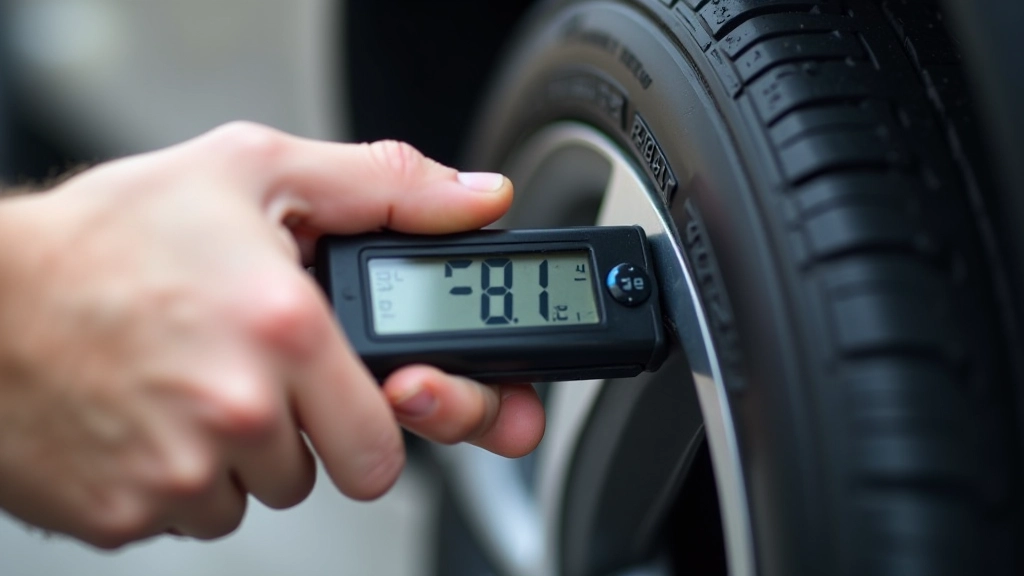 Measuring car tyre tread depth with a gauge tool