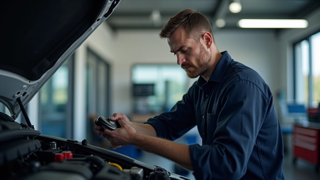 Professional mechanic performing routine vehicle maintenance with precision tools in modern workshop setting