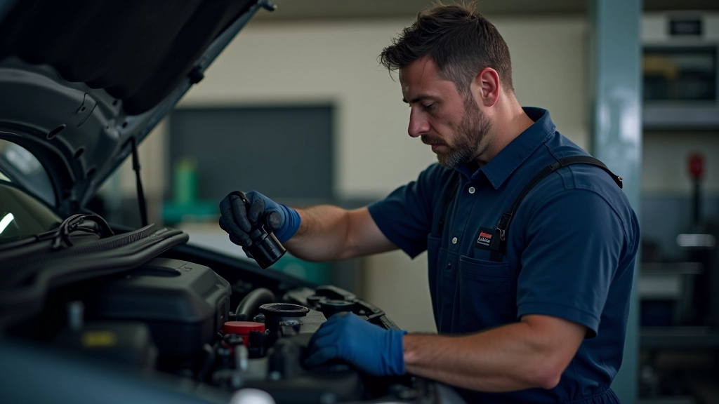 Mechanic performing an oil change, showing the drain plug being removed from the engine sump