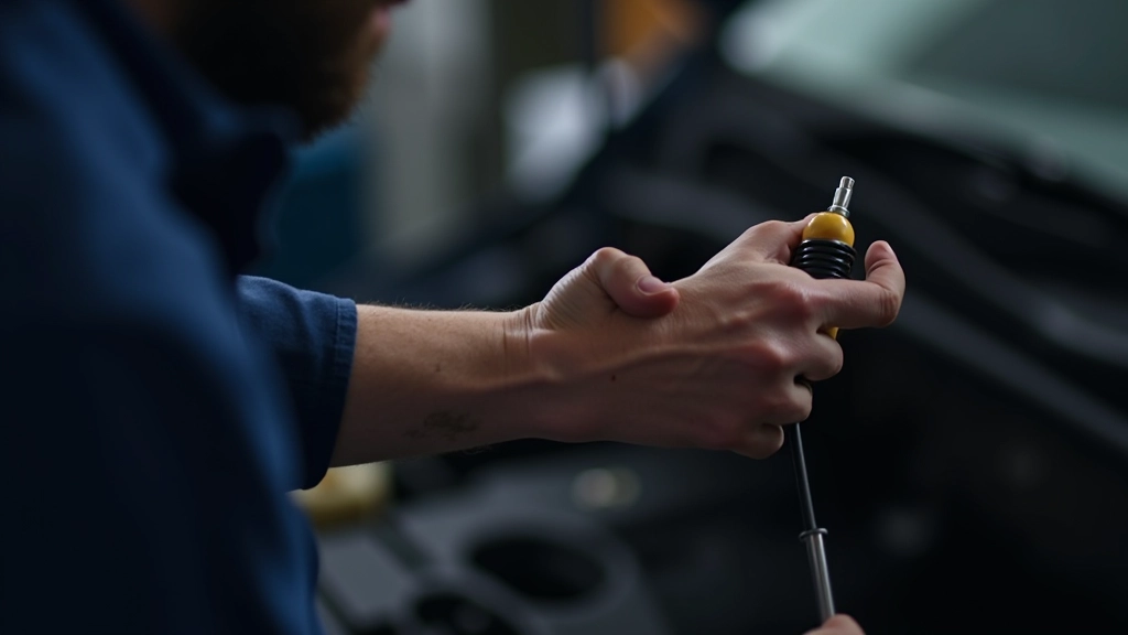 Close-up of checking car engine oil level with dipstick