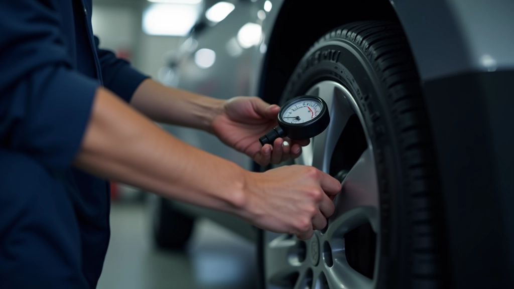 Digital tyre pressure gauge being used on car tyre valve, close-up in natural light