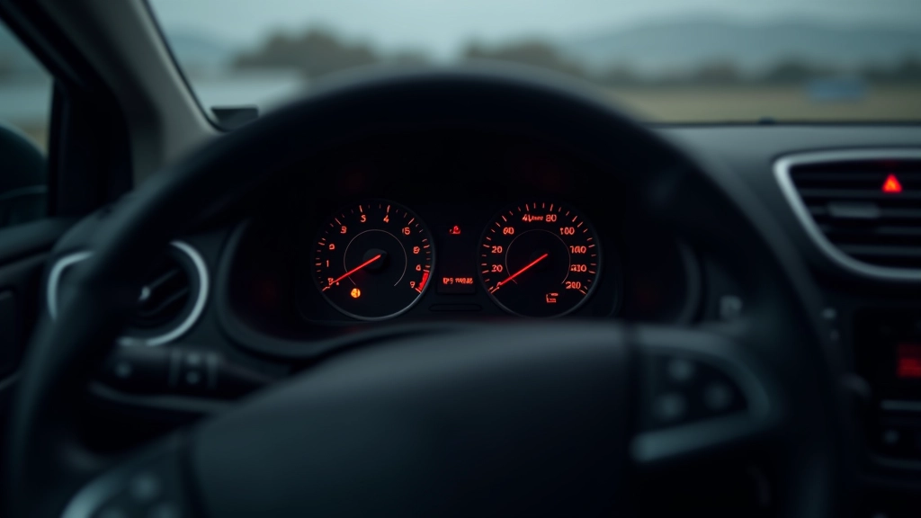 Modern car dashboard with warning lights illuminated and steering wheel visible