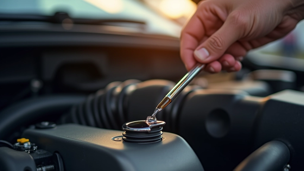 Oil dipstick being checked against engine bay with clear fluid level markings visible