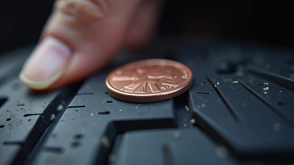 Penny inserted into tyre tread groove showing wear measurement technique