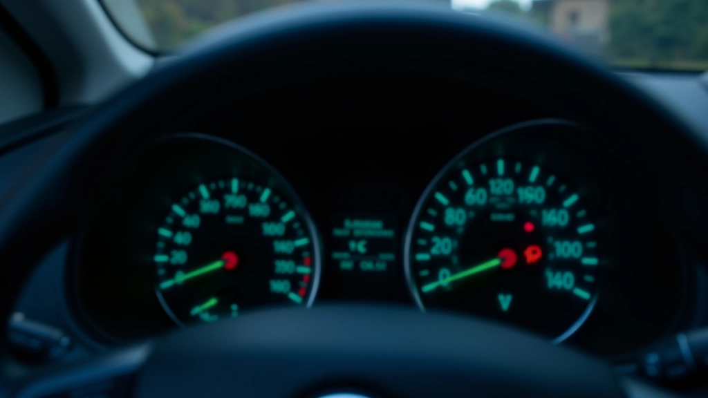 Dashboard display showing green information lights and blue headlight indicator symbols