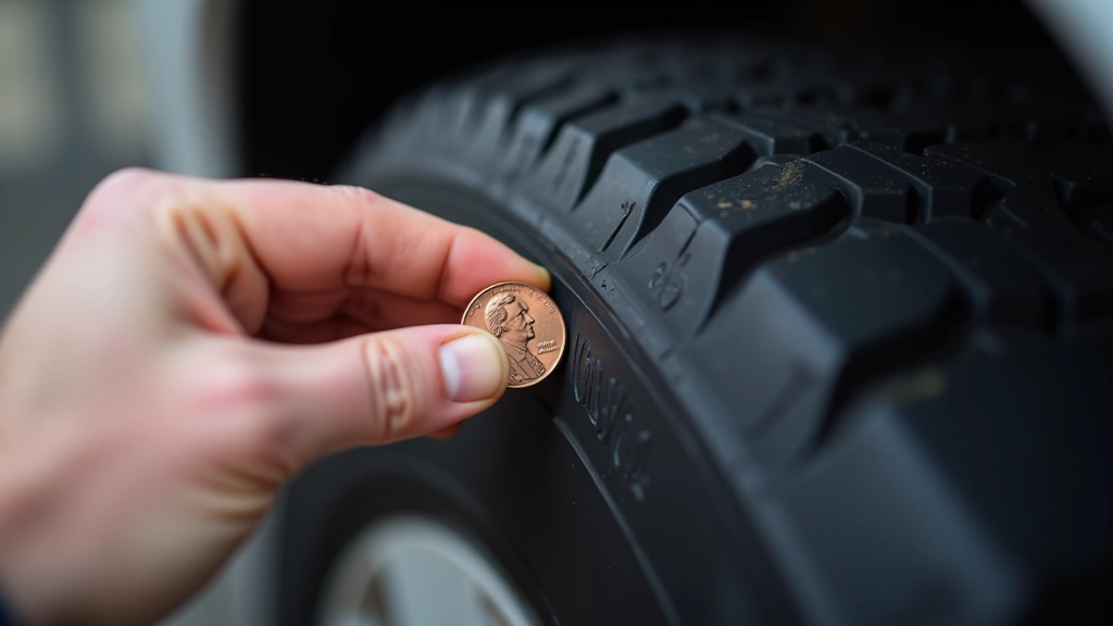 Close-up of tyre tread depth being measured with penny test method in daylight